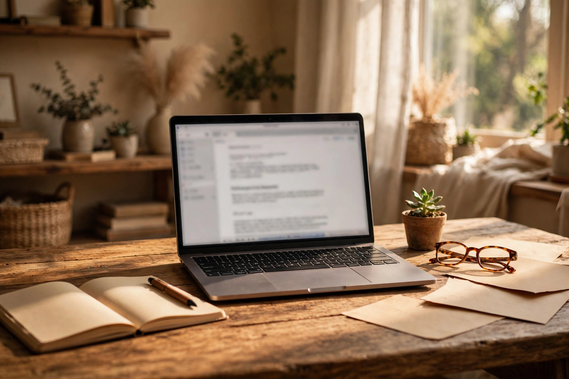 Writing desk with laptop and notebook