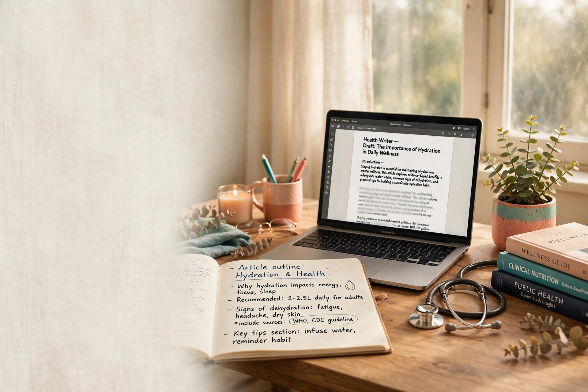A health writer’s warm, sunlit desk with notebook, laptop, and a small plant